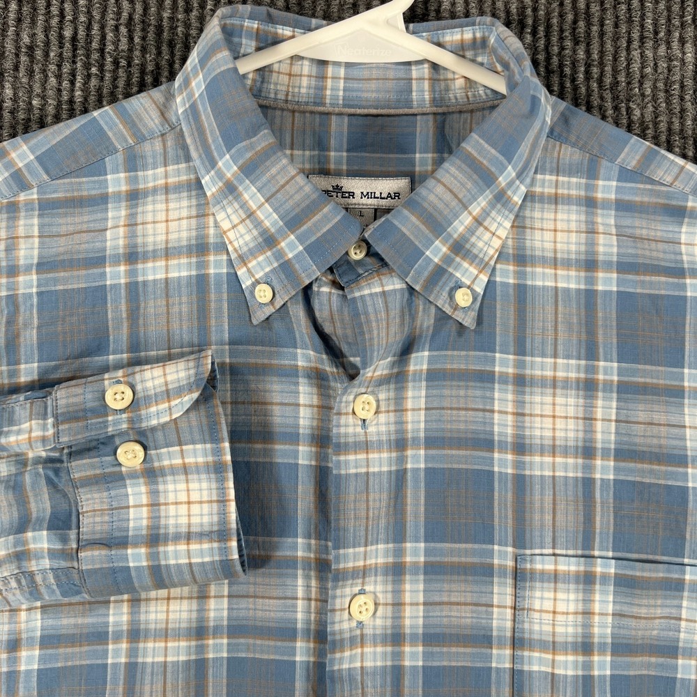 Peter Millar Shirt Mens Large Blue Plaid Long Sleeve Button Down Lightweight